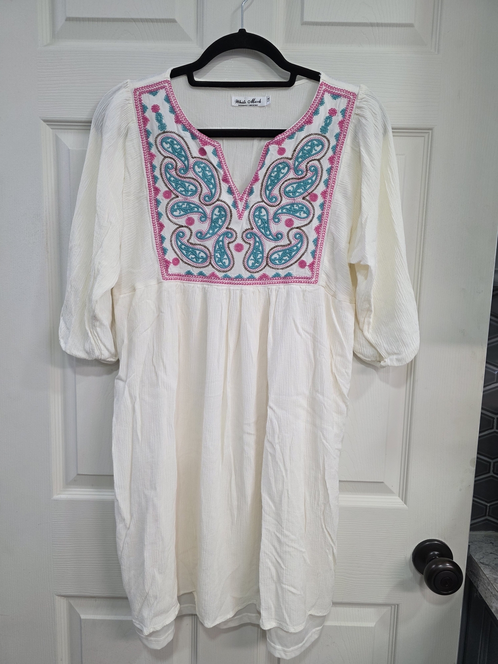 Bohemian Style Cream Dress with Pink & Teal Embroidery V Neck